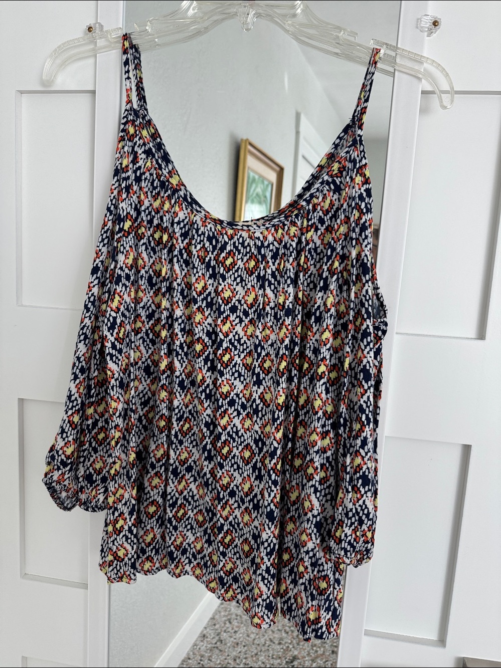 one clothing Geometric Cold-Shoulder Tunic - Navy, White & Yellow